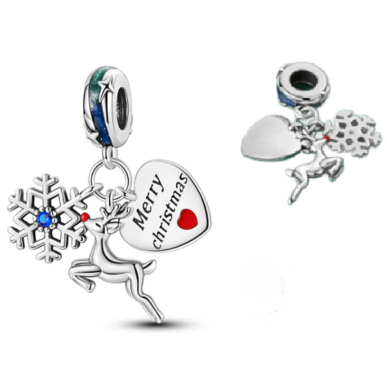 Charm Striebro 925 Vianočný 3v1 Vločka, Sob a srdce, prívesok na náramok Vianoce