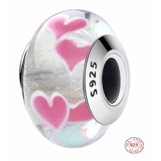 Prívesok Striebro 925 Murano biela so srdiečkami, korálik lásky na náramku