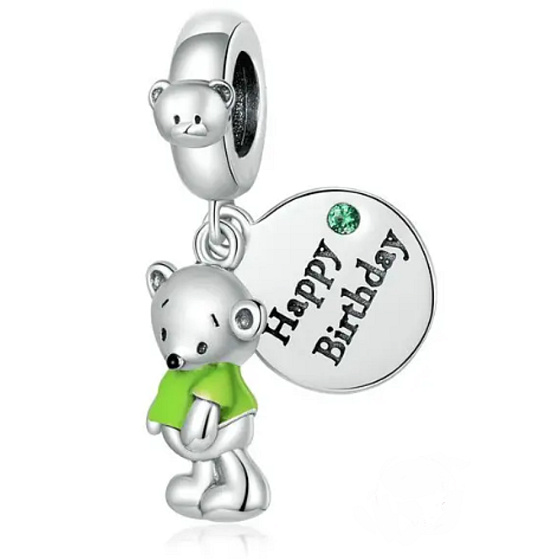 Šarm Sterling Silver 925 Happy Birthday Teddy Bear 2v1, narodeninový náramok prívesok