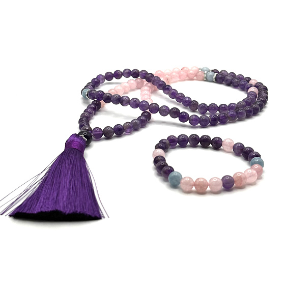 108 Mala Ametyst + Rozmarín náhrdelník meditačné šperky, prírodný kameň + náramok prírodný kameň, gulička 8 mm