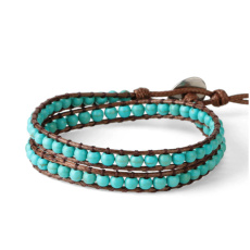 Tyrkenitový kožený náramok hnedej farby z prírodného kameňa s 2 vláknami ručne pletených korálikov 6 mm / cca 35 cm, kameň mladých ľudí hľadajúcich zmysel života