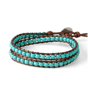 Tyrkenitový kožený náramok hnedej farby z prírodného kameňa s 2 vláknami ručne pletených korálikov 6 mm / cca 35 cm, kameň mladých ľudí hľadajúcich zmysel života