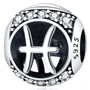 Ryby, znamenie zverokruhu, striebro + zirkón prívesok na náramok, gulička 9 mm 1 kus