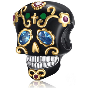 Charm Striebro 925 Lebka čierna a zlatý kríž, korálka na náramok Halloween