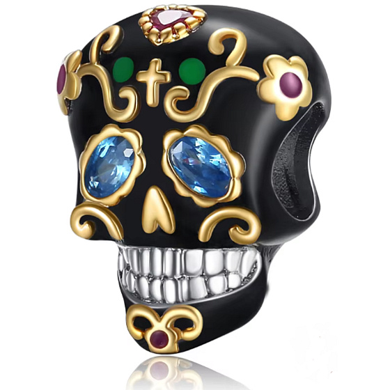 Charm Striebro 925 Lebka čierna a zlatý kríž, korálka na náramok Halloween